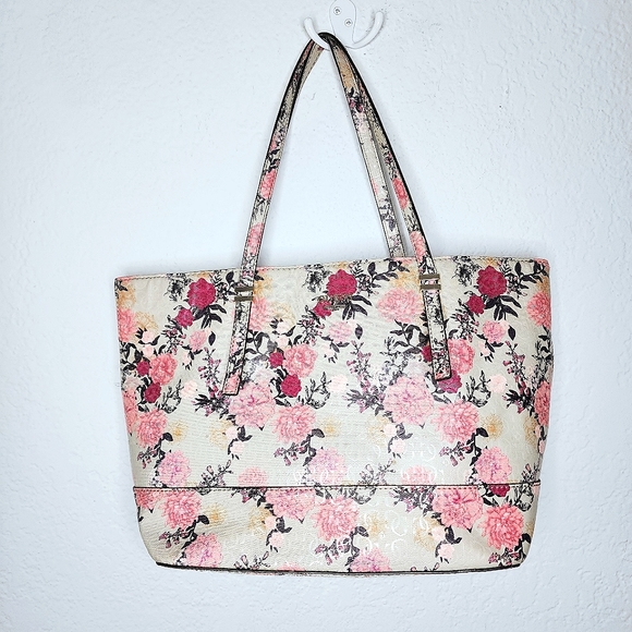 Guess Handbags - Guess Kamryn Safianno Green Pink Floral Tote Shoulder Bag Large Zippered Purse